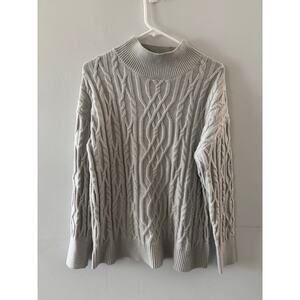 Tahari Womens Fisherman Sweater Large Gray Chunky Cable Knit Mock Neck Winter